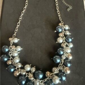 Cluster Pearl Necklace - Silver and Dark Blue